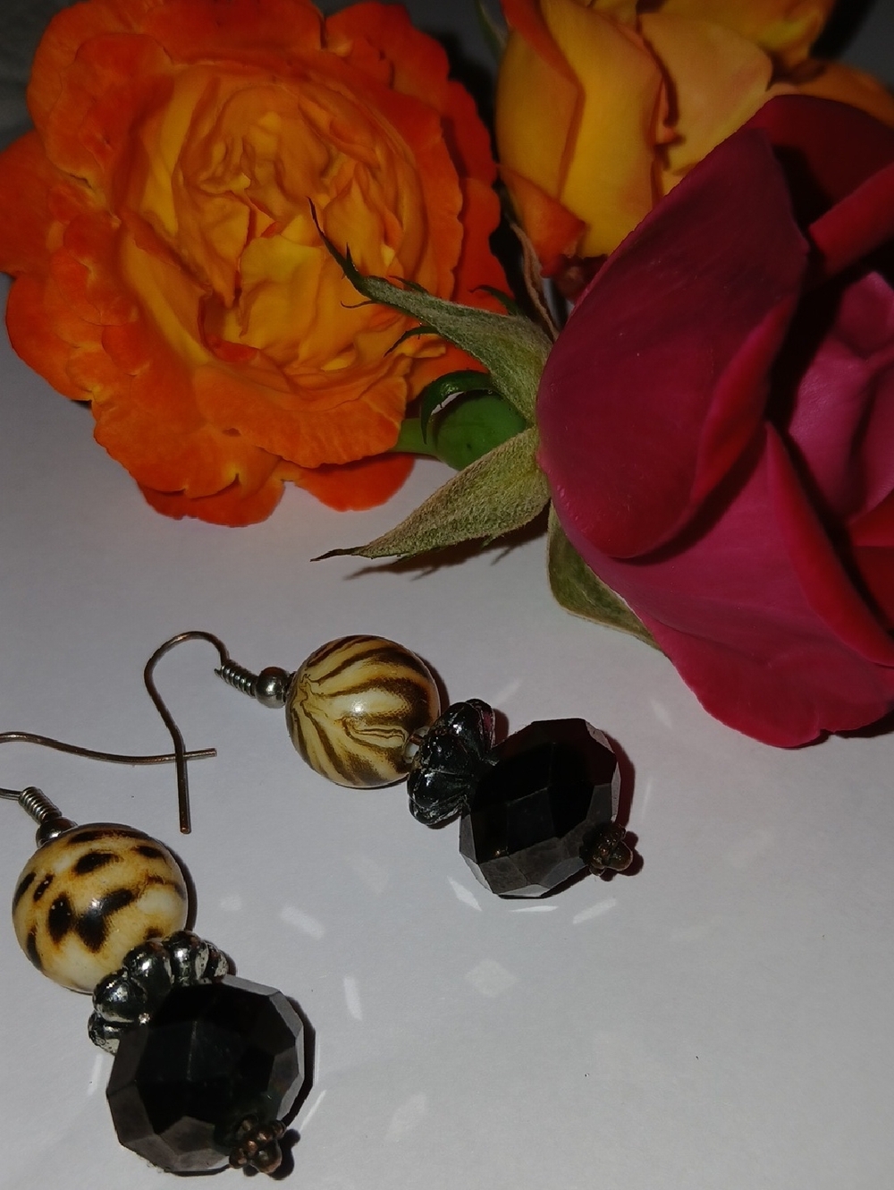 Handcrafted Black and Cream Bead Drop Earrings